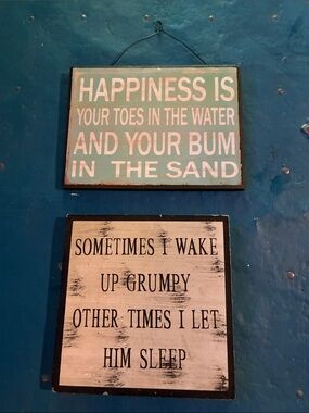 Wall Sign Pack of 2- Beach Quote & Grumpy Saying in White and Aqua